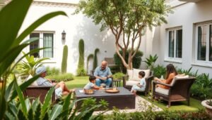 عائلة تستمتع بوقتها في حديقة منزلية منسقة في الشامية