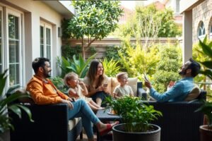 عائلة تستمتع بوقتها في حديقة منزلية منسقة في المنصورية