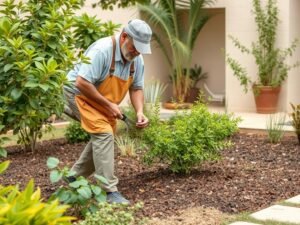 عامل يقوم بأعمال صيانة دورية في حديقة منزلية باليرموك