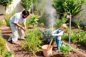 عامل يقوم بصيانة حديقة في منطقة الصديق بالكويت