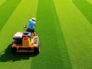 عشب طبيعي في ملعب رياضي مع معدات الصيانة عشب طبيعي في ملعب رياضي مع معدات الصيانة