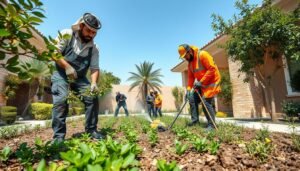 عمال يقومون بصيانة حديقة منزلية في المملكة العربية السعودية عمال يقومون بصيانة حديقة منزلية في المملكة العربية السعودية