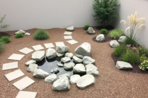 عناصر تنسيق حدائق السلام تشمل الماء والصخور والمسارات المتعرجة