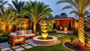 عناصر ديكور متنوعة في حديقة منسقة بمنطقة النزهة عناصر ديكور متنوعة في حديقة منسقة بمنطقة النزهة