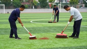 فريق صيانة يقوم بأعمال الصيانة الدورية لملعب كرة قدم