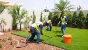 فريق عمل شركة جنا البستان أثناء تركيب الثيل الصناعي فريق عمل شركة جنا البستان أثناء تركيب الثيل الصناعي