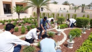 فريق عمل محترف يقوم بتنسيق حدائق الدعية