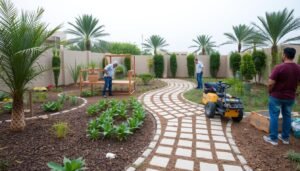 فريق عمل محترف يقوم بتنسيق حدائق الرميثية في أحد المنازل