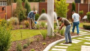 فريق عمل محترف يقوم بتنسيق حديقة منزلية في اليرموك