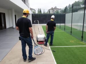 فريق متخصص يقوم بتركيب ملعب بادل احترافي