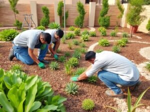 فريق محترف يعمل على تنسيق حديقة في منطقة حطين