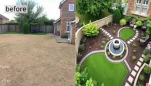 قبل وبعد تنسيق حديقة منزلية في منطقة حطين