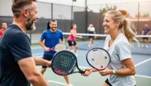 لاعبون يتمتعون بممارسة رياضة البادل في ملعب احترافي