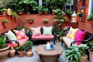 لمسات جمالية متنوعة في جلسة خارجية مع وسائد ملونة ونباتات