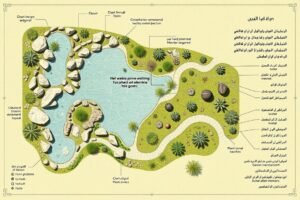 مخطط تصميم لتنسيق حدائق السلام يوضح توزيع العناصر والمسارات
