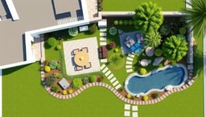 مخطط تصميم لحديقة منزلية في اليرموك يوضح توزيع المساحات والممرات