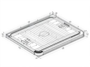 مخطط هندسي لملعب كرة قدم يوضح الأبعاد والمواصفات