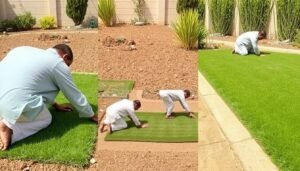 مراحل تركيب الثيل الطبيعي في حديقة منزلية بالكويت