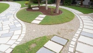 مسارات وممرات حجرية في حديقة منسقة بمنطقة النزهة مسارات وممرات حجرية في حديقة منسقة بمنطقة النزهة