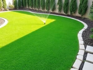 Green lawn with sprinkler system