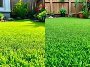 مقارنة بين العشب الطبيعي والعشب الصناعي في حديقة منزلية