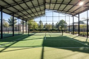 ملعب بادل خارجي تحت أشعة الشمس مع جدران زجاجية