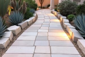 ممرات حجرية أنيقة في حديقة منزلية بالرميثية ضمن تنسيق حدائق الرميثية