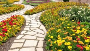 ممرات حجرية أنيقة وأحواض زهور ملونة في حديقة بالجابرية تنسيق حدائق الجابرية ممرات حجرية أنيقة وأحواض زهور ملونة في حديقة بالجابرية تنسيق حدائق الجابرية