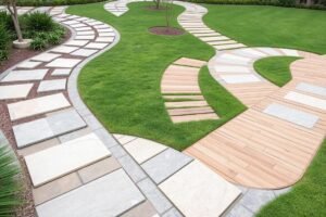 ممرات وبلاط متداخل في تنسيق حدائق الفيحاء بالكويت