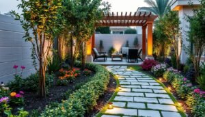 ممرات وجلسات في حديقة منزلية منسقة في الكويت ممرات وجلسات في حديقة منزلية منسقة في الكويت