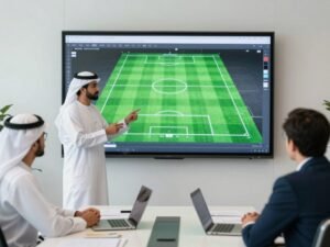 مهندس يشرح تصميم ملعب كرة قدم لعميل باستخدام نموذج ثلاثي الأبعاد