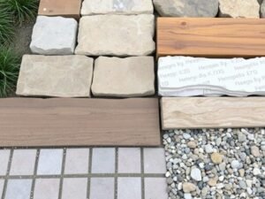 مواد متنوعة مستخدمة في تنسيق حدائق الرميثية من أحجار وخشب وبلاط