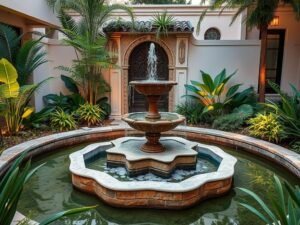 نافورة أنيقة في حديقة منزلية بالدسمة