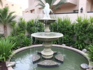 نافورة مياه أنيقة في حديقة منزلية بمنطقة الشامية تضيف لمسة من الهدوء والجمال