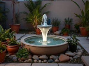 نافورة مياه في حديقة منزلية كعنصر جمالي في تنسيق حدائق منزليه نافورة مياه في حديقة منزلية كعنصر جمالي في تنسيق حدائق منزليه