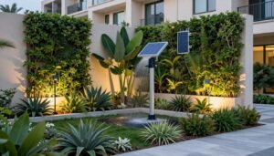 تصميم حديقة عصرية مستدامة تستخدم تقنيات حديثة لتوفير المياه في مناخ الكويت الحار