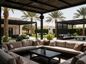 جلسة خارجية مظللة في حديقة منزل كويتي تحمي من أشعة الشمس جلسة خارجية مظللة في حديقة منزل كويتي تحمي من أشعة الشمس