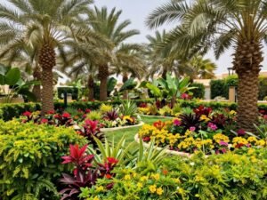 حديقة استوائية مع نباتات كثيفة وألوان زاهية في تنسيق حدائق