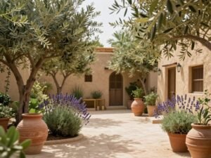 حديقة بأسلوب البحر المتوسط مع نباتات متحملة للجفاف وألوان دافئة في تنسيق حدائق