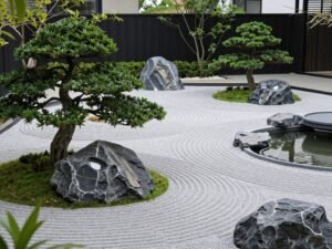 حديقة بأسلوب ياباني مع عناصر طبيعية وحجارة ومياه في تنسيق حدائق