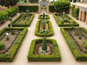 حديقة تقليدية مع مسارات متناظرة ونباتات منسقة بأسلوب كلاسيكي في تنسيق حدائق