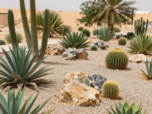 حديقة صحراوية مع نباتات محلية متكيفة مع المناخ الجاف في تنسيق حدائق