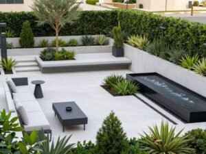 حديقة منزلية بتصميم عصري مع خطوط نظيفة ومساحات منظمة في تنسيق حدائق