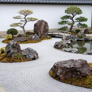 حديقة يابانية هادئة مع أحجار وممرات متعرجة