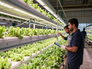 زراع الكويت يعملون في مشروع زراعة عمودية لإنتاج الخضروات