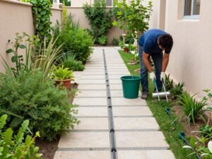 شخص يقوم بأعمال الصيانة الدورية في حديقة منزلية