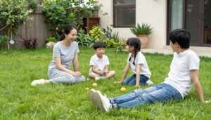 عائلة تستمتع بوقتها على العشب الطبيعي في حديقة منزلية