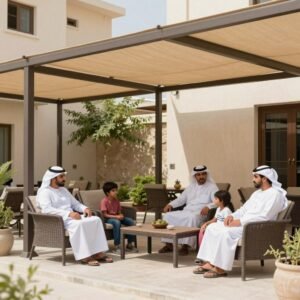 عائلة كويتية تستمتع بجلسة خارجية مظللة عائلة كويتية تستمتع بجلسة خارجية مظللة