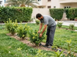 عامل يقوم بصيانة وري النباتات في حديقة منزلية بالكويت
