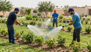 عملية صيانة وري للنباتات في حديقة منسقة تنسيق حدائق